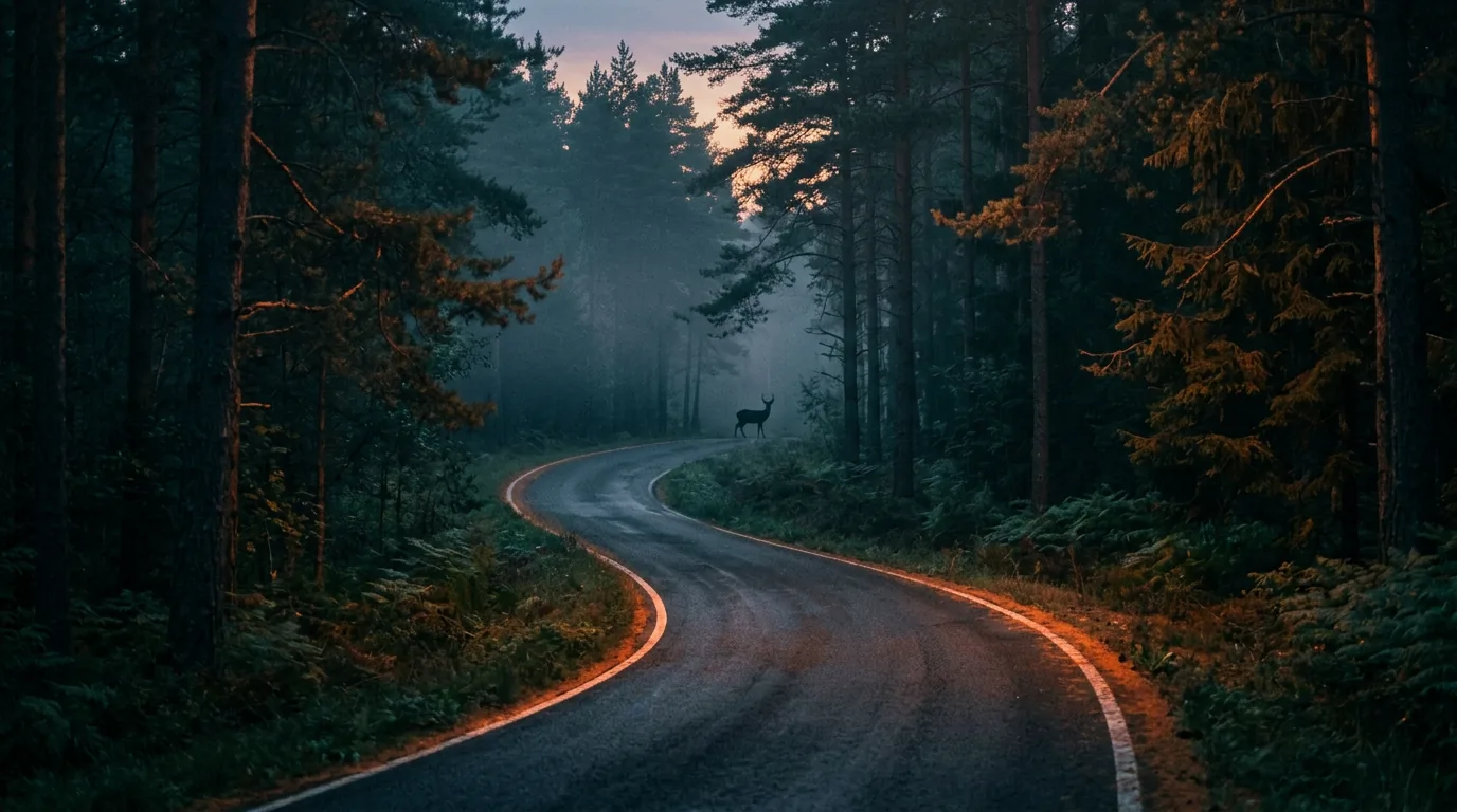 Waldstraße Dämmerung Wildunfall Vorsicht 1200x675 WebP